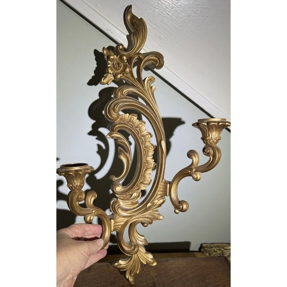 Vtg  1960 Syroco Hollywood Regency Gold Wall Sconces Double Candle Holders Pair
